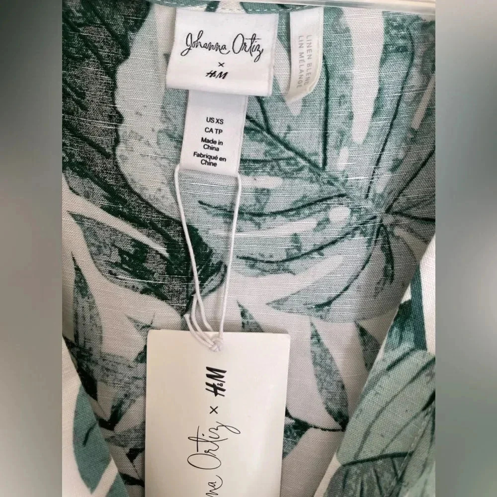 H&M x Johanna Ortiz Green White Linen Leaf Dress - Picture 5 of 11